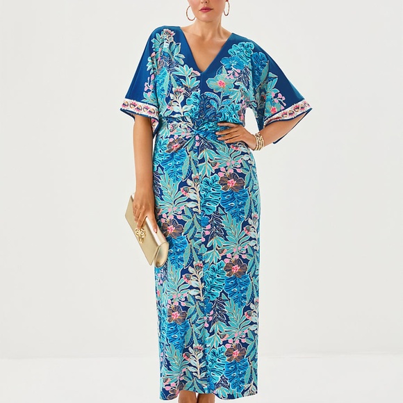 Lilly Pulitzer ADALYN MAXI DRESS, STARLIGHT NAVY BEST FRONDS FOREVER ENGINEERED - Picture 3 of 6